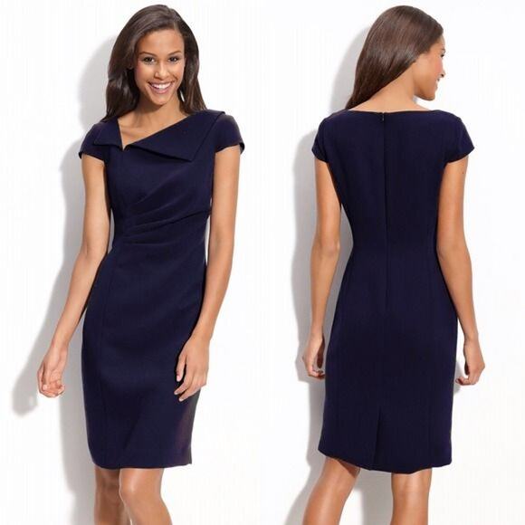 TAHARI ASL Asymmetric Collar Sheath Dress Navy Blue Cap Sleeve Career Office 8 - Picture 1 of 13